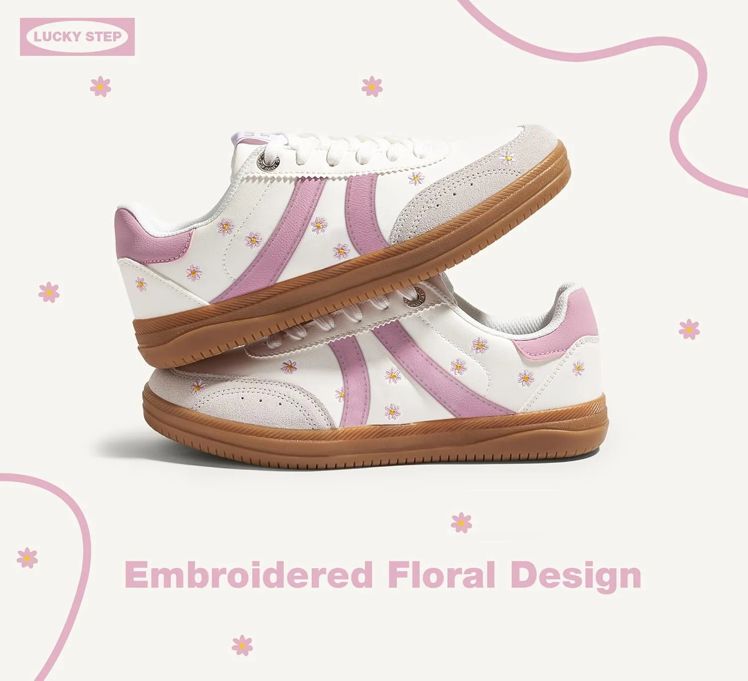 LUCKY STEP Women Classic Retro Tennis Sneakers Fashion Gum Sole Skate Casual Walking Shoe Anti Slip Floral Embroidery Comfortable Trainers