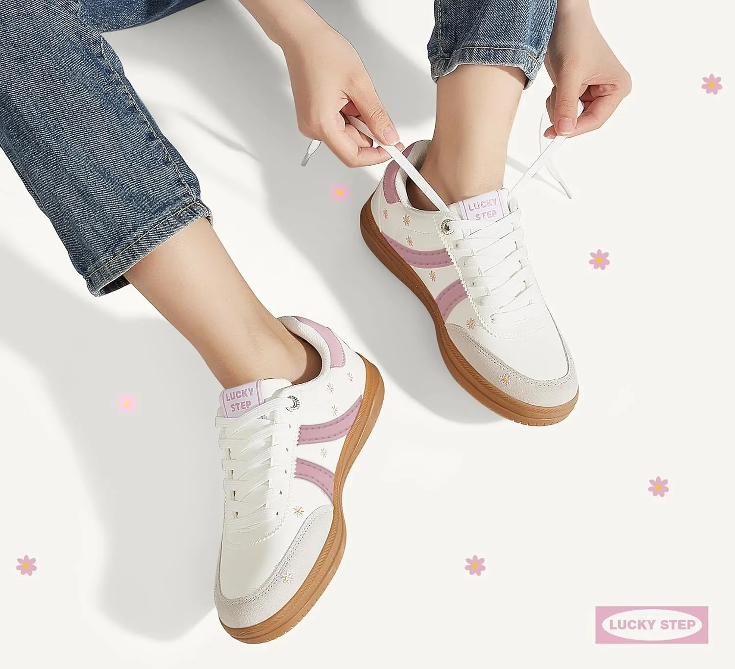 LUCKY STEP Women Classic Retro Tennis Sneakers Fashion Gum Sole Skate Casual Walking Shoe Anti Slip Floral Embroidery Comfortable Trainers