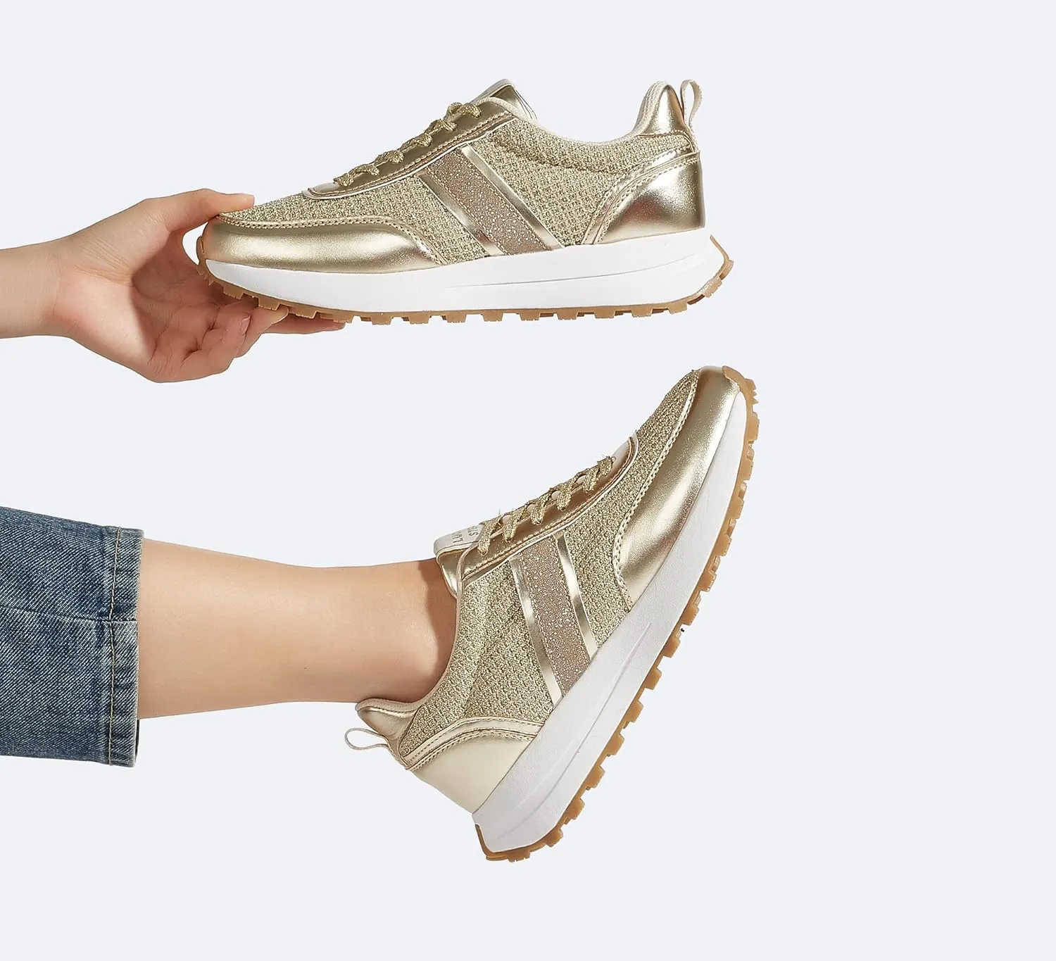 LUCKY STEP Women Platform Walking Shoe Fashion Retro Classic Casual Trainers Braided Rhinestone Sneakers Tennis Running Walking Shoes