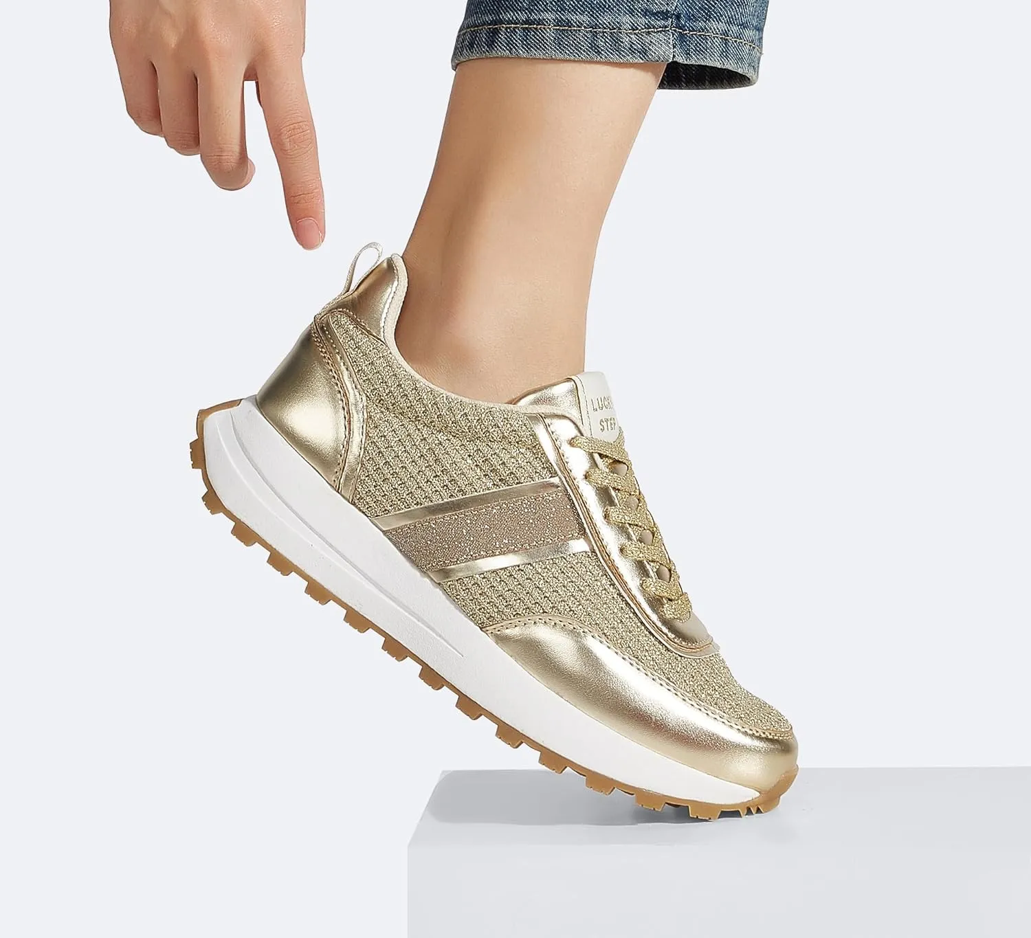 LUCKY STEP Women Platform Walking Shoe Fashion Retro Classic Casual Trainers Braided Rhinestone Sneakers Tennis Running Walking Shoes
