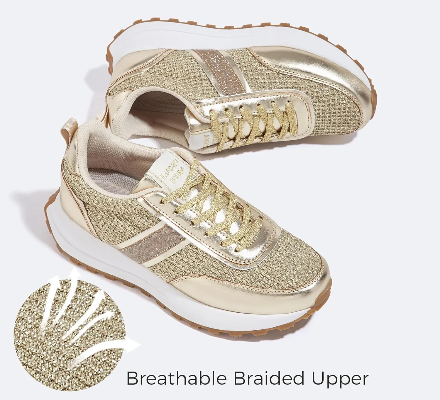 LUCKY STEP Women Platform Walking Shoe Fashion Retro Classic Casual Trainers Braided Rhinestone Sneakers Tennis Running Walking Shoes