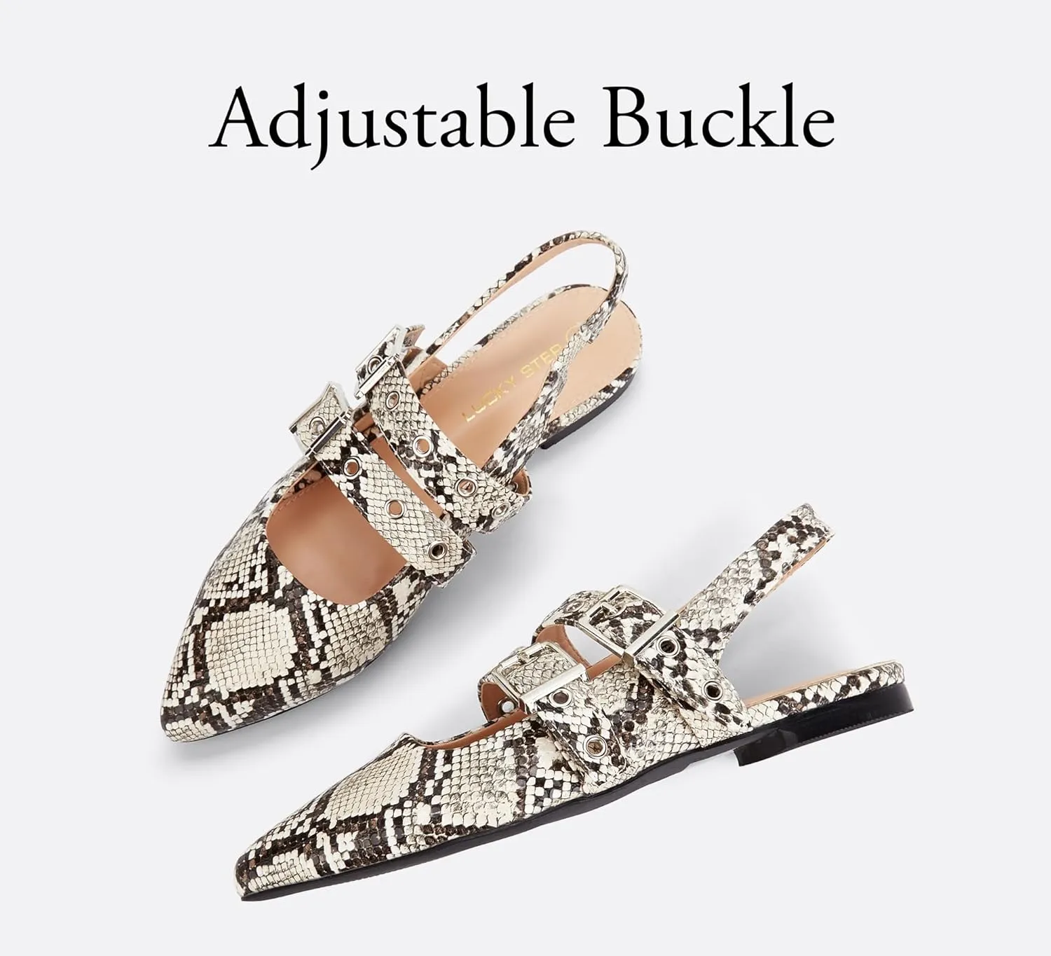 LUCKY STEP Women's Slingback Buckle Flats Ballet Poninted Toe Block Heel Dress Adjustable Strap Mary Jane Formal Wedding Shoes