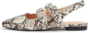 LUCKY STEP Women's Slingback Buckle Flats Ballet Poninted Toe Block Heel Dress Adjustable Strap Mary Jane Formal Wedding Shoes