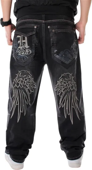 LUOBANIU Men's Hip-hop Embroidered Printed Baggy Jeans Loose Fit Dance Skateboard Denim Long Jeans