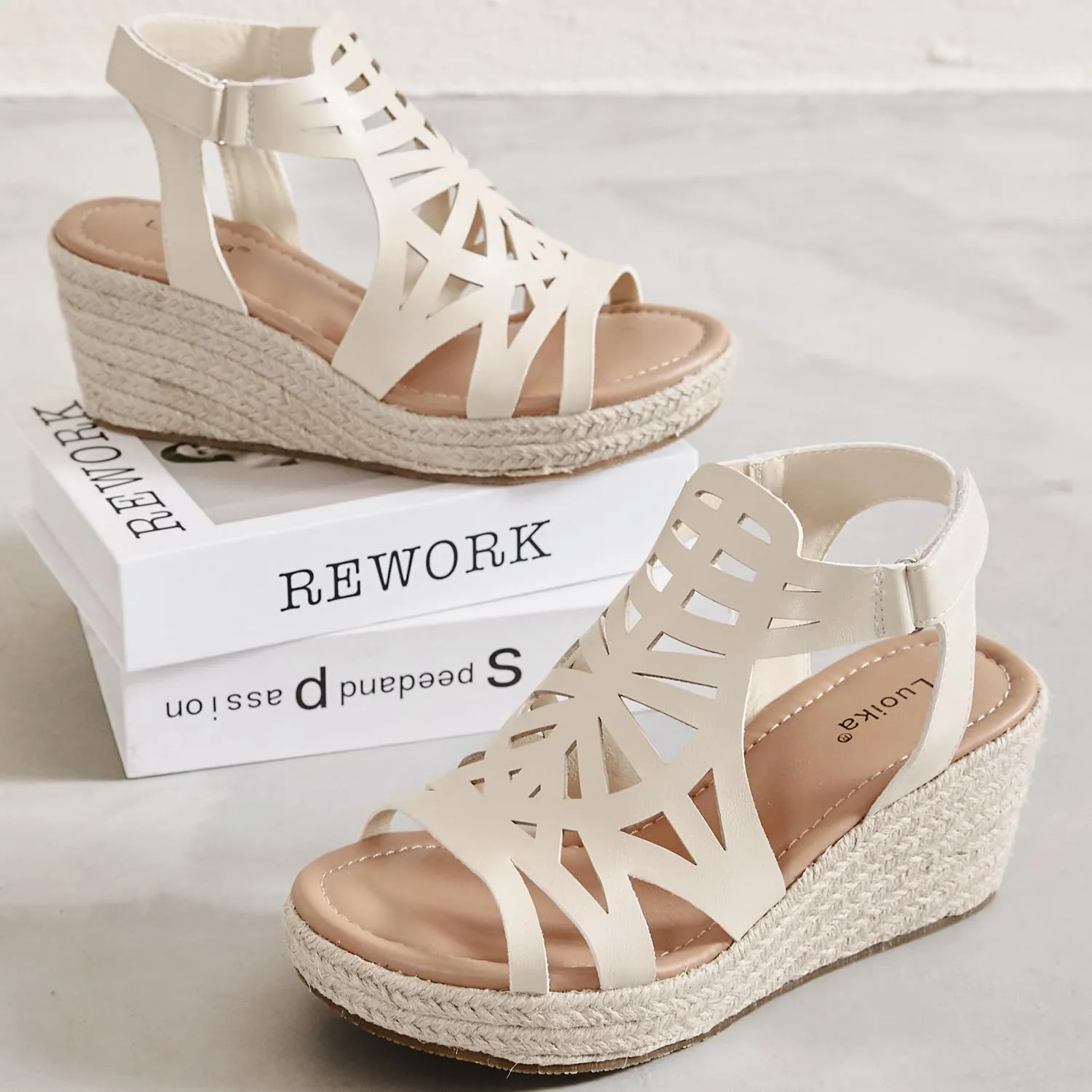Luoika Women's Wide Width Wedge Sandals, Espadrille Wedge Pump Heel Platform Ankle Strap Open Toe Women's Sandal Concise Casual Summer Shoes.