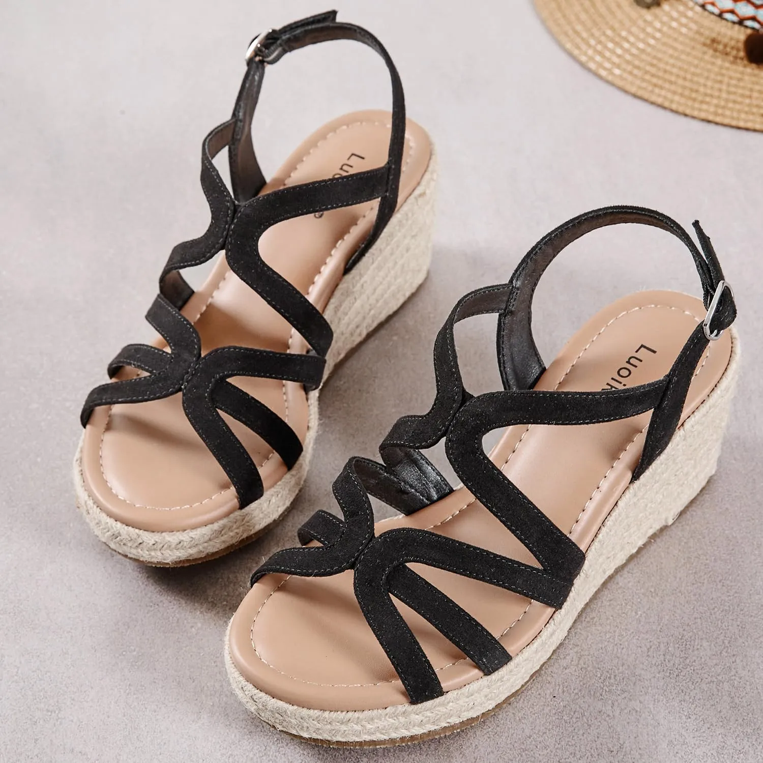 Luoika Women's Wide Width Wedge Sandals, Platform Ankle Strap Open Toe Espadrille Wedge Pump Heel Women's Sandals Concise Casual Summer Shoes.
