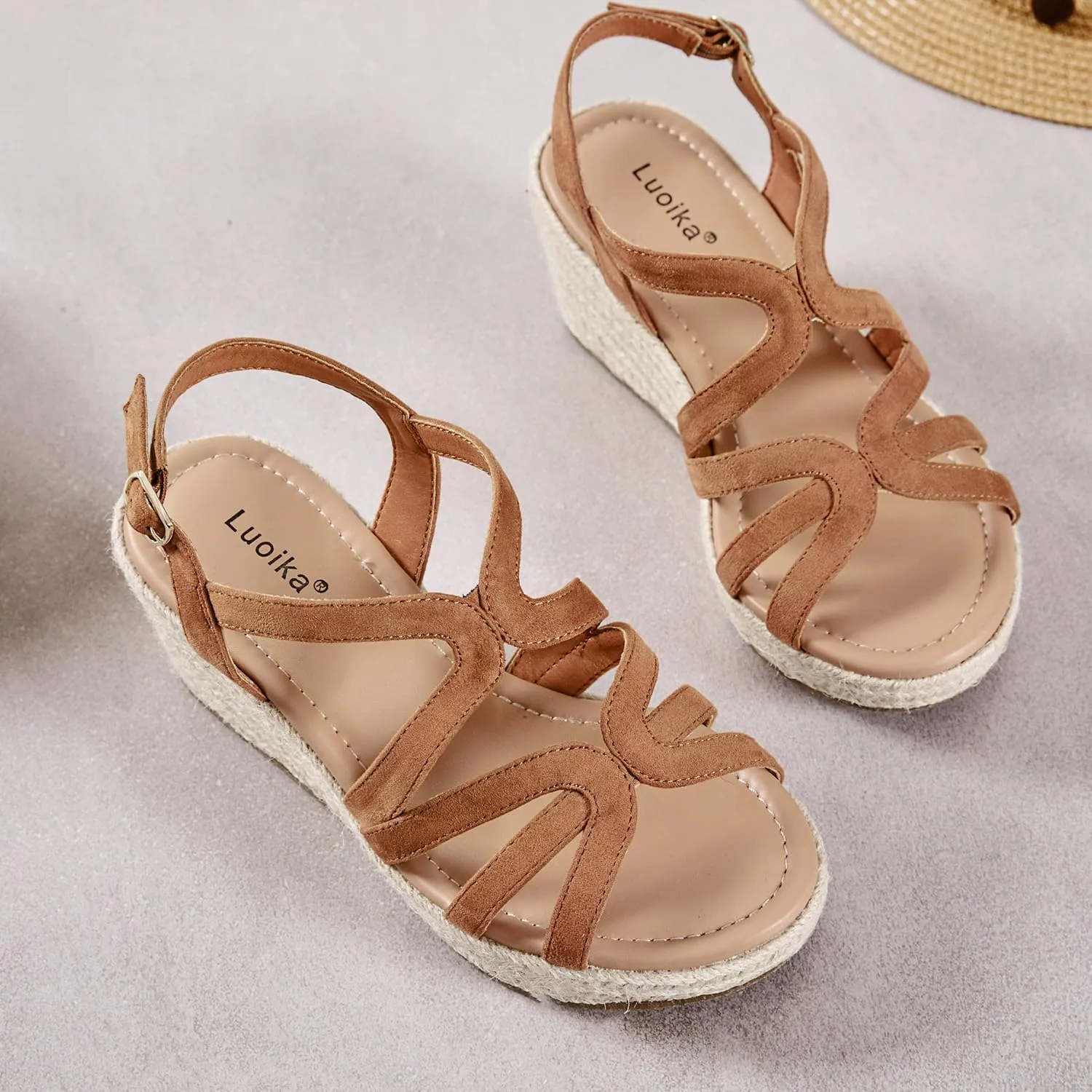 Luoika Women's Wide Width Wedge Sandals, Platform Ankle Strap Open Toe Espadrille Wedge Pump Heel Women's Sandals Concise Casual Summer Shoes.