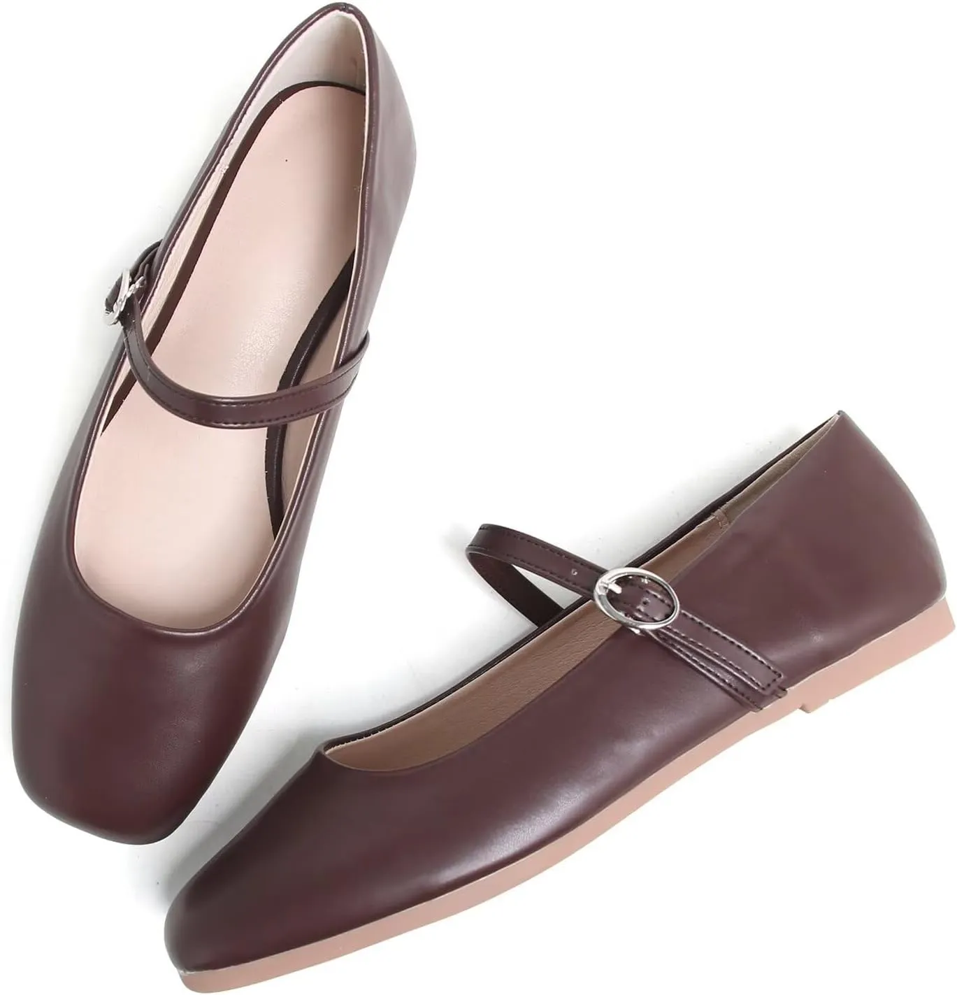 LUXINYU Leather Mary Jane Shoes for Women Dressy Square Toe Ankle Strap Ballet Shoes Comfortable Flats