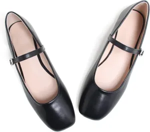 LUXINYU Leather Mary Jane Shoes for Women Dressy Square Toe Ankle Strap Ballet Shoes Comfortable Flats