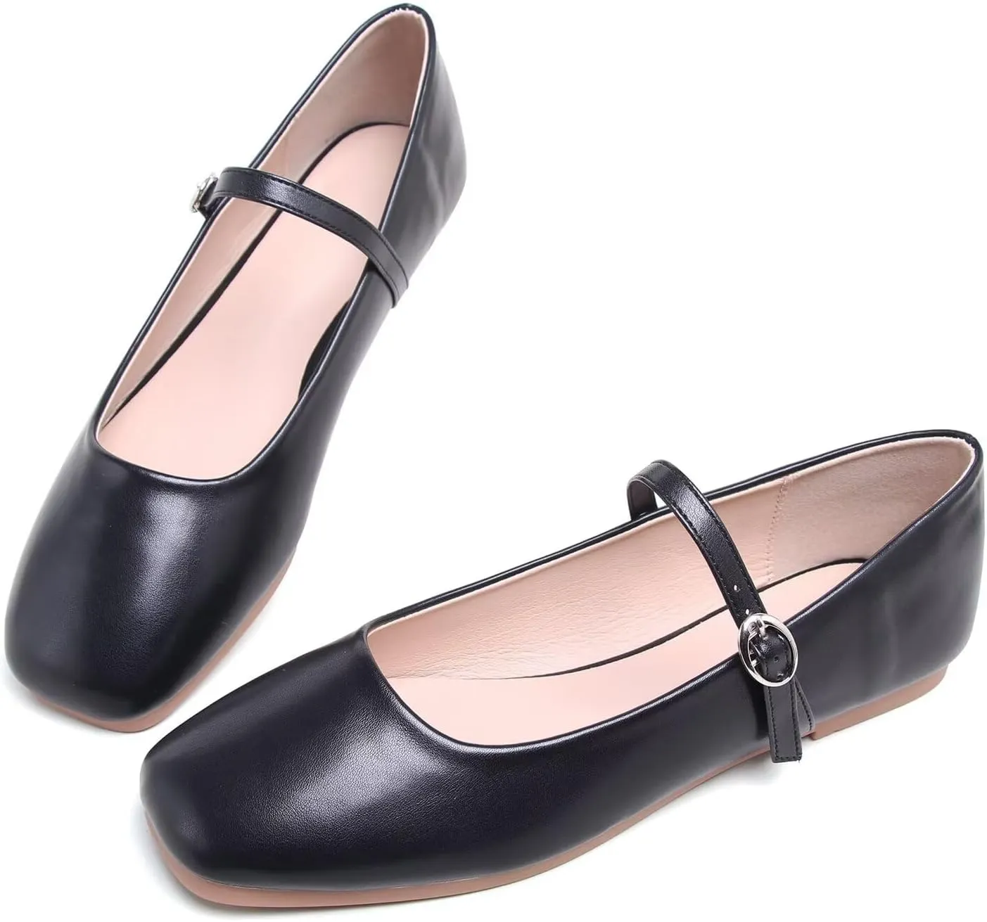 LUXINYU Leather Mary Jane Shoes for Women Dressy Square Toe Ankle Strap Ballet Shoes Comfortable Flats