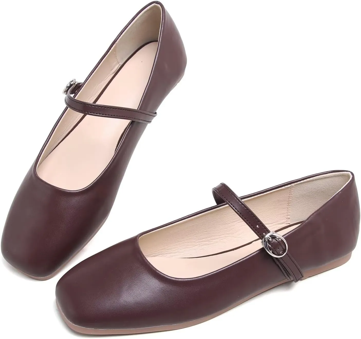 LUXINYU Leather Mary Jane Shoes for Women Dressy Square Toe Ankle Strap Ballet Shoes Comfortable Flats
