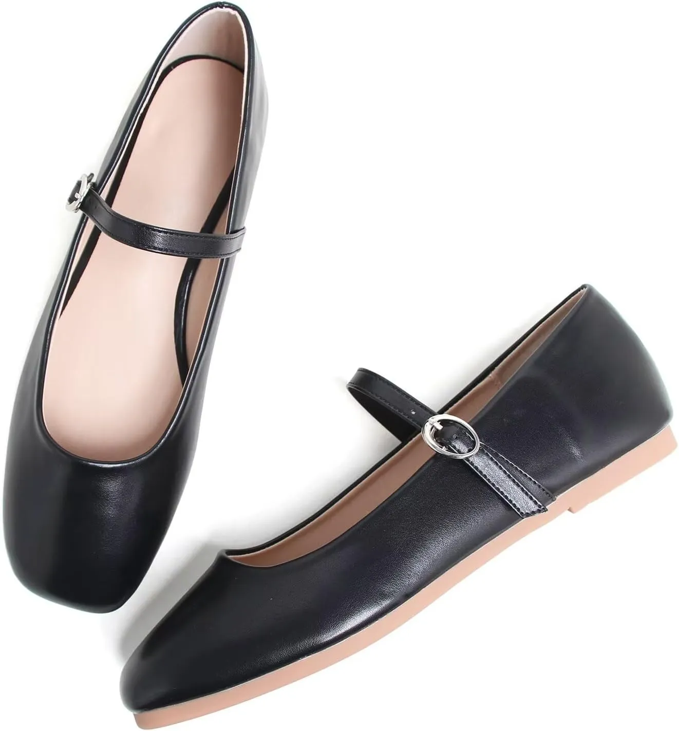 LUXINYU Leather Mary Jane Shoes for Women Dressy Square Toe Ankle Strap Ballet Shoes Comfortable Flats