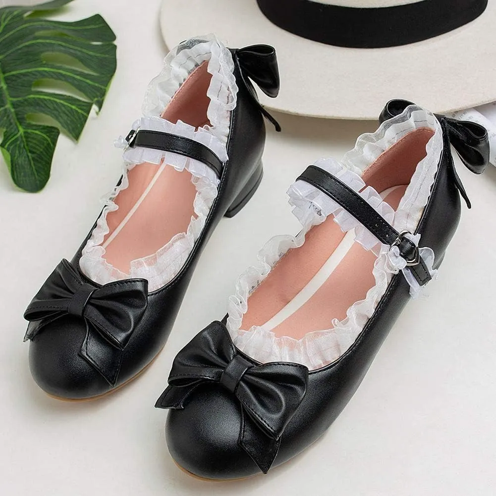 LUXMAX Women Mary Jane Shoes Rockabilly Flats Lace Pumps with Bow