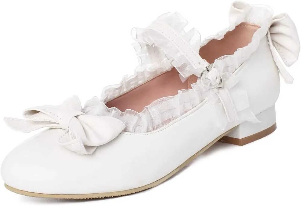 LUXMAX Women Mary Jane Shoes Rockabilly Flats Lace Pumps with Bow