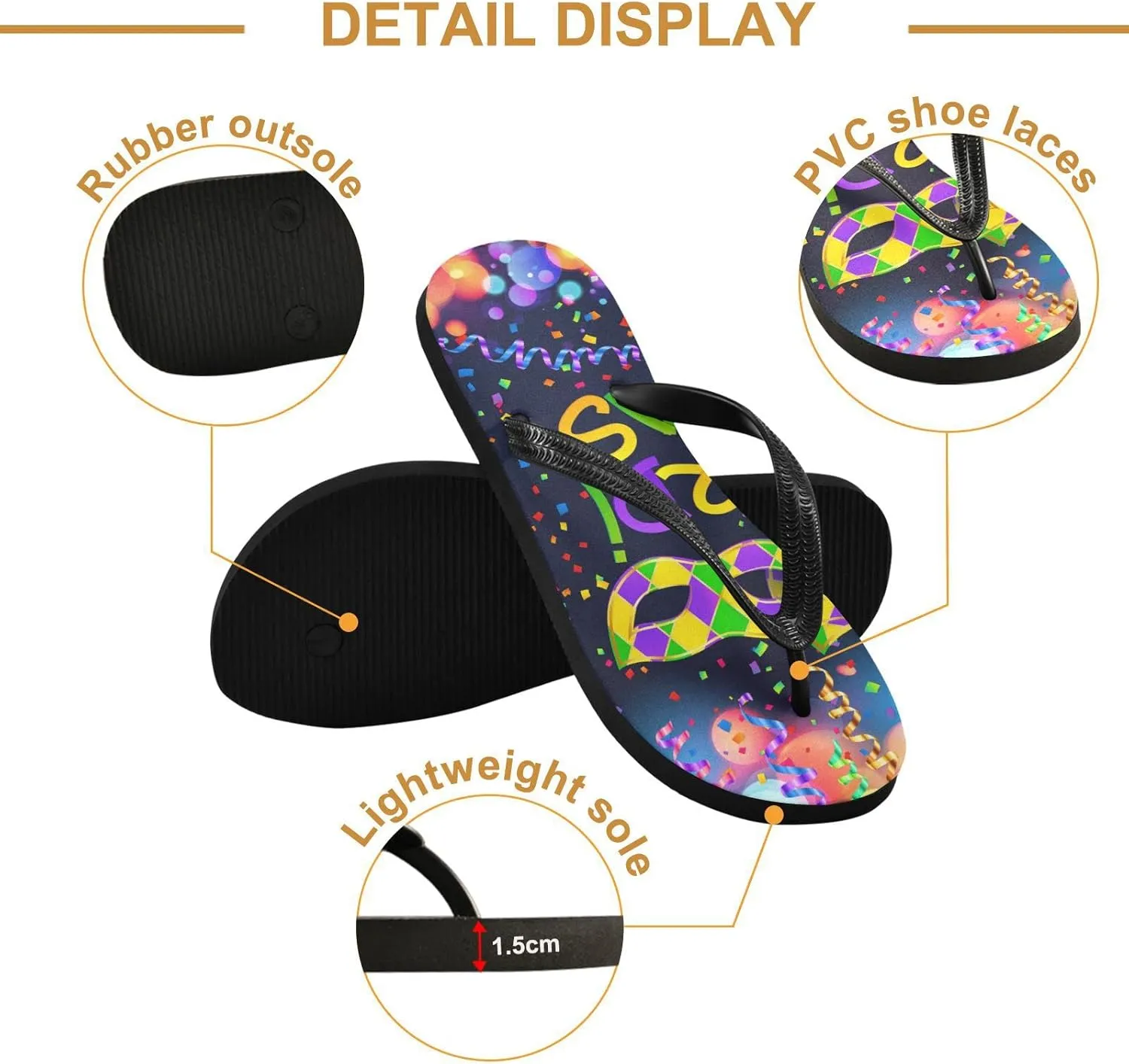 Mardi Gras Masks Beads Womens Flip Flops Carnival Confetti Ribbon Summer Beach Sandals Casual Thong Slippers Comfortable Shower Slippers Non Slip Water Sandals shoes S