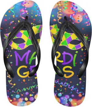 Mardi Gras Masks Beads Womens Flip Flops Carnival Confetti Ribbon Summer Beach Sandals Casual Thong Slippers Comfortable Shower Slippers Non Slip Water Sandals shoes S