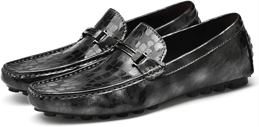 MCMUS Smoking Loafer for Men Driving Moccasins Loafers Faux Crocodile Embossed Leather Flat Heel Anti-Slip Resistant Flexible Casual Slip On for Any Attire