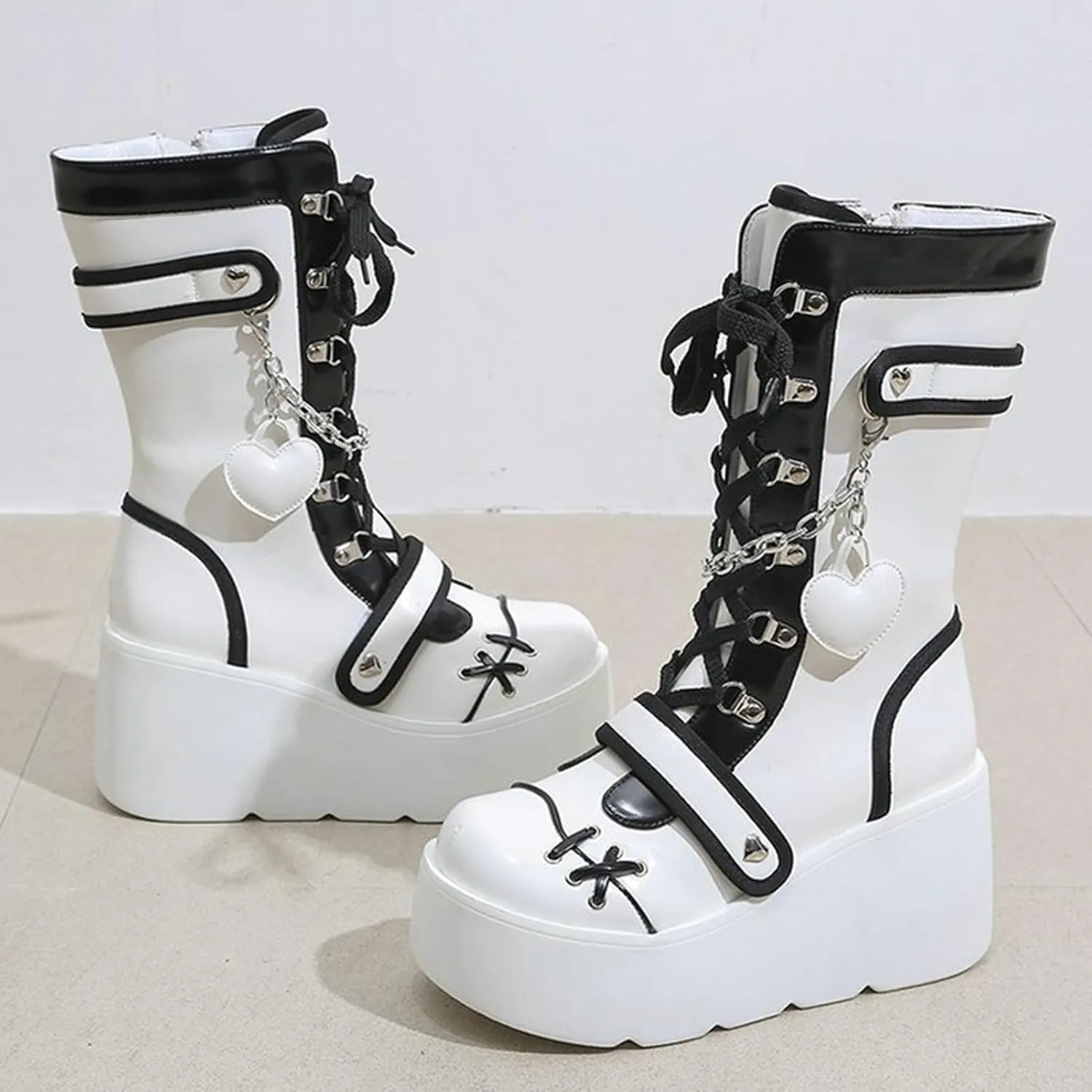 Meefit Women Goth Platform Boots Lolita Kawaii Shoes Wedge High Heel Lace Up Mid Calf Boots Vintage Ankle Boots
