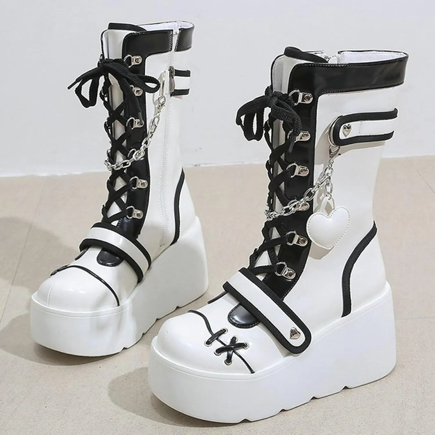 Meefit Women Goth Platform Boots Lolita Kawaii Shoes Wedge High Heel Lace Up Mid Calf Boots Vintage Ankle Boots