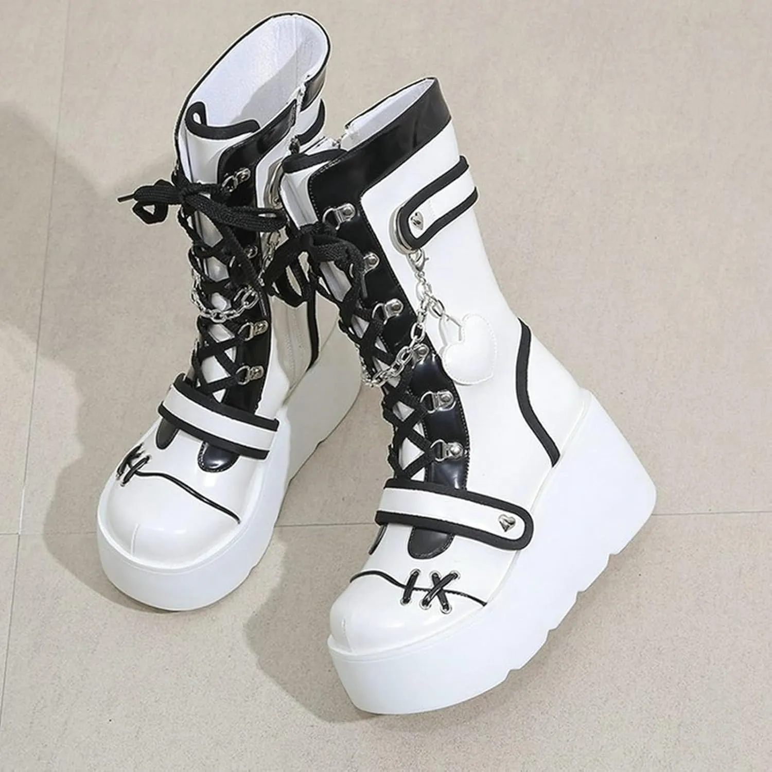 Meefit Women Goth Platform Boots Lolita Kawaii Shoes Wedge High Heel Lace Up Mid Calf Boots Vintage Ankle Boots