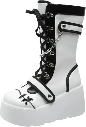 Meefit Women Goth Platform Boots Lolita Kawaii Shoes Wedge High Heel Lace Up Mid Calf Boots Vintage Ankle Boots