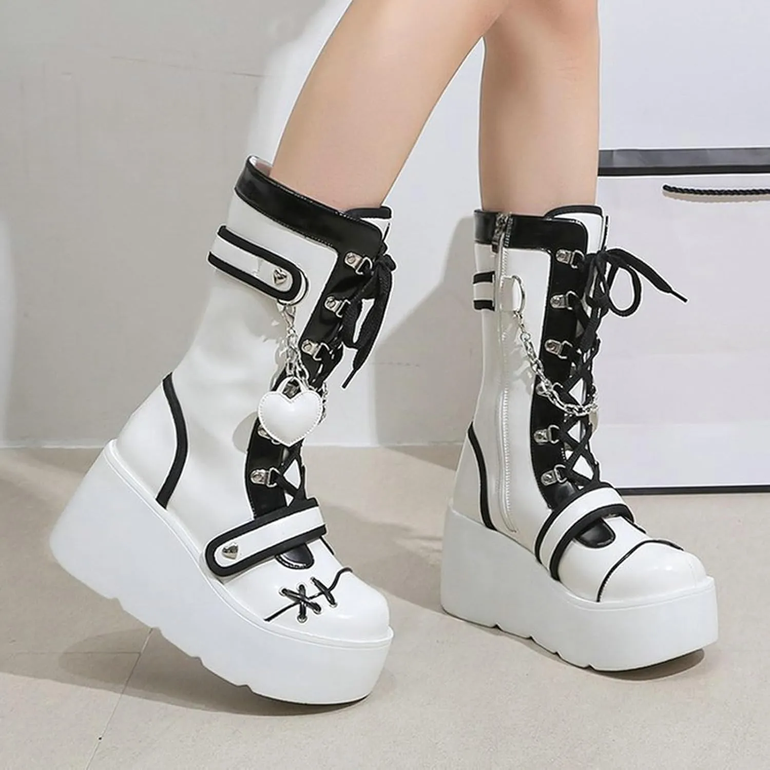 Meefit Women Goth Platform Boots Lolita Kawaii Shoes Wedge High Heel Lace Up Mid Calf Boots Vintage Ankle Boots