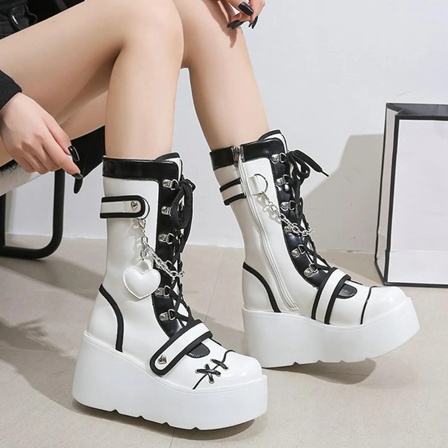 Meefit Women Goth Platform Boots Lolita Kawaii Shoes Wedge High Heel Lace Up Mid Calf Boots Vintage Ankle Boots