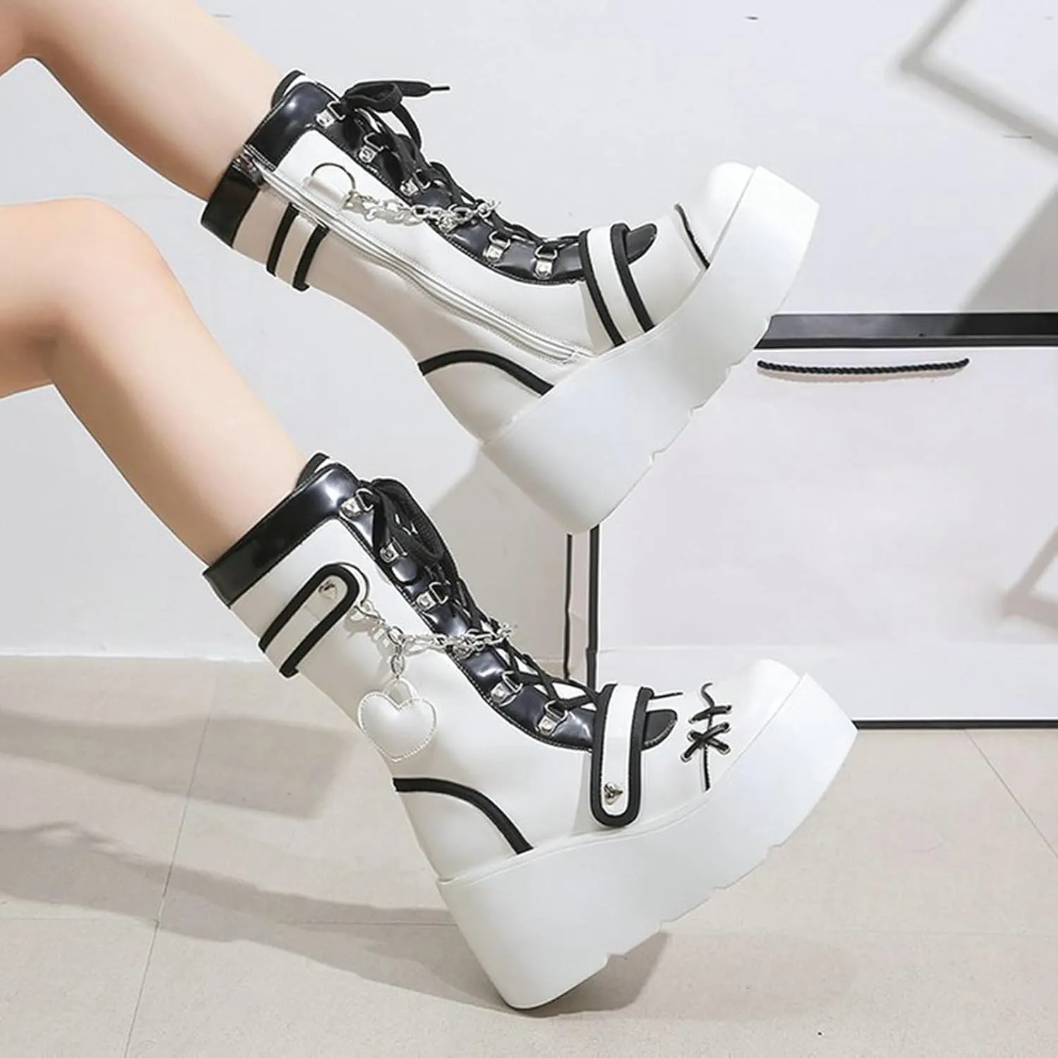 Meefit Women Goth Platform Boots Lolita Kawaii Shoes Wedge High Heel Lace Up Mid Calf Boots Vintage Ankle Boots