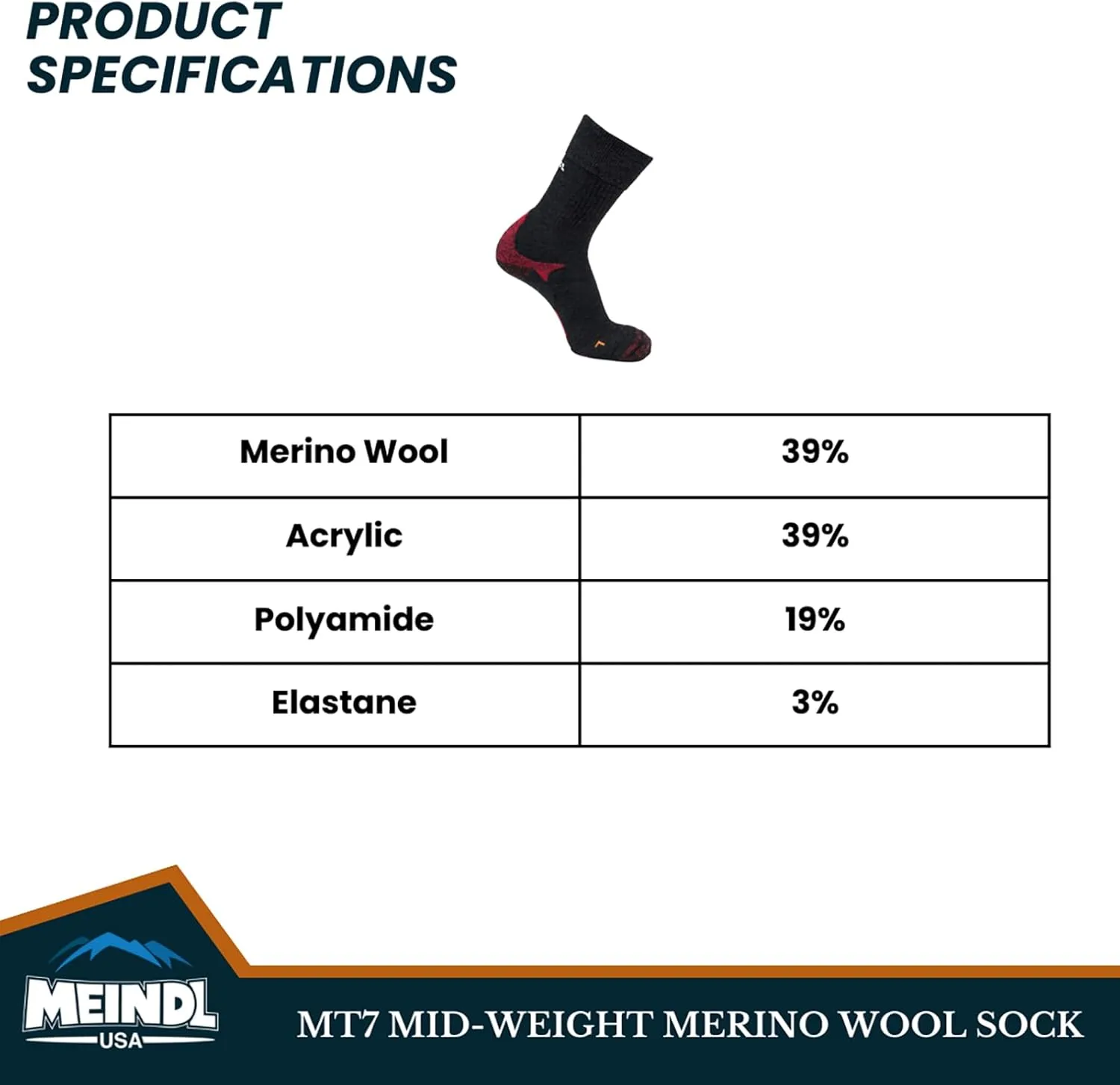 Meindl Men's MT7 Mid-Weight Merino Wool Boot Socks | Hiking | Trekking | Mountaineering | Made in Italy
