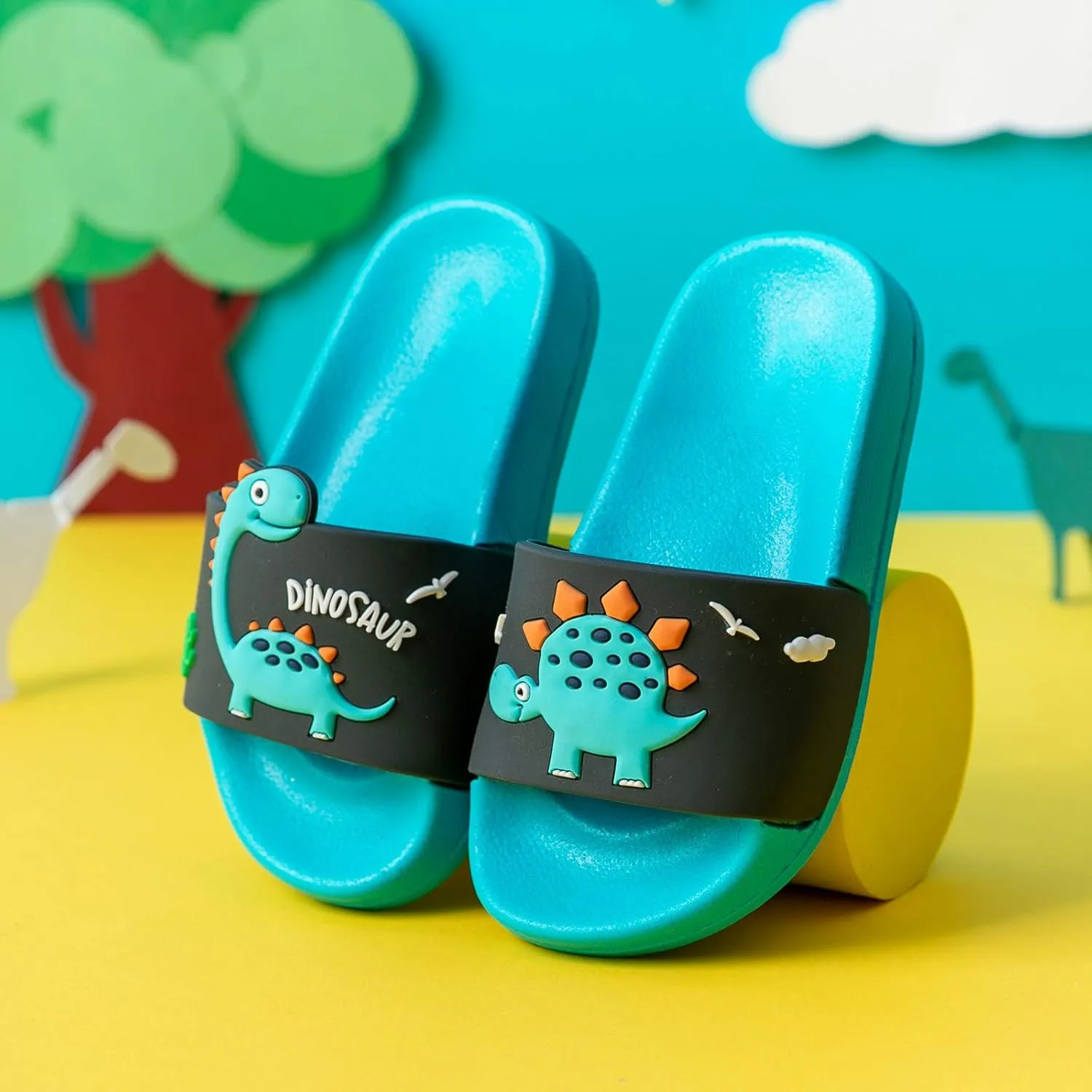 MEMON Toddler Little Kids Dinosaur Beach/Pool/Shower Slides/Anti-Skid Home Bath Slippers/Cute Summer Outdoor Shoes for Girls and Boys