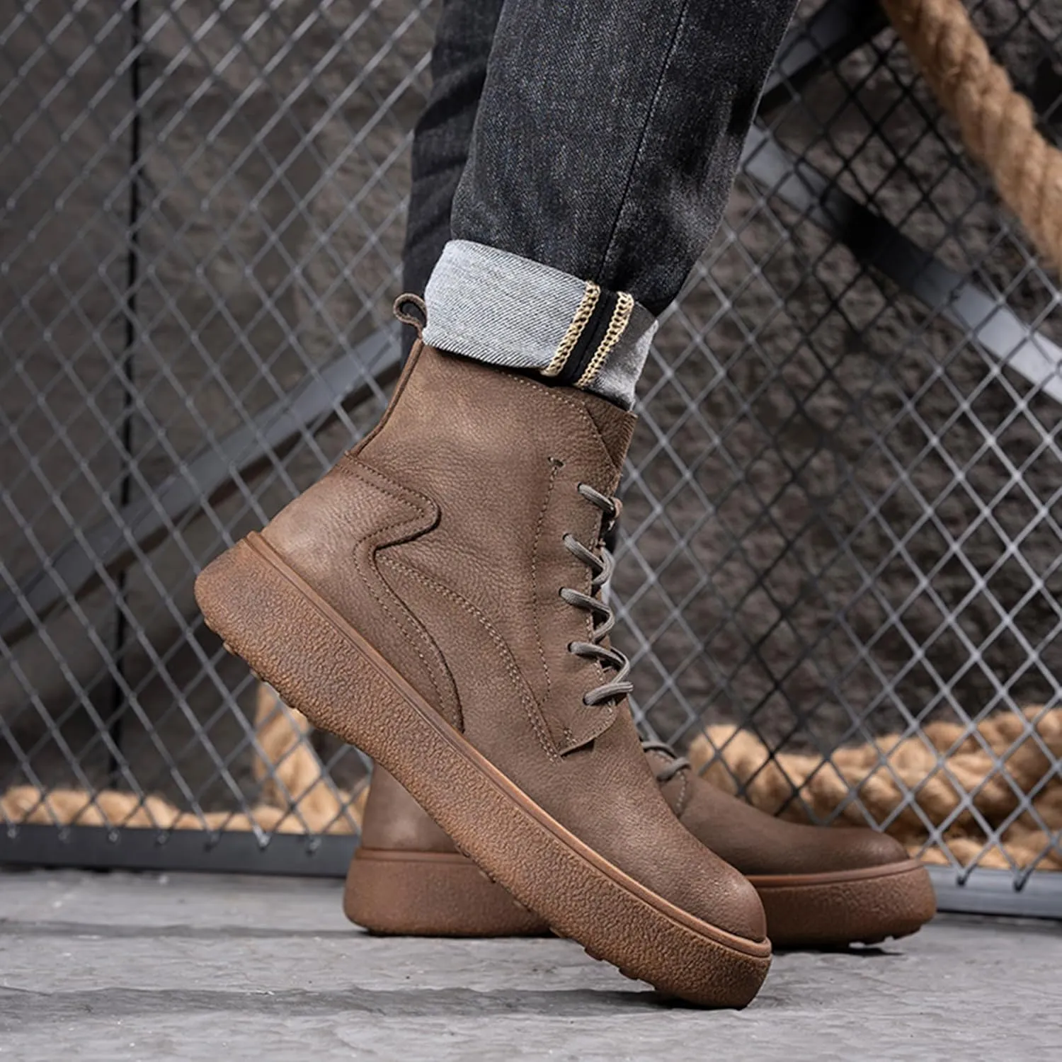Men Lace Up Cowboy Boots, Genuine Leather Casual Fashion Wide Comfortable Durable Western Chelsea Chukka Boots, Round Toe Non-Slip Oxford Rubber Work Shoes Retro Stylich