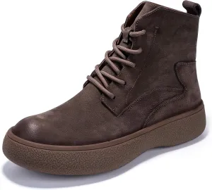 Men Lace Up Cowboy Boots, Genuine Leather Casual Fashion Wide Comfortable Durable Western Chelsea Chukka Boots, Round Toe Non-Slip Oxford Rubber Work Shoes Retro Stylich