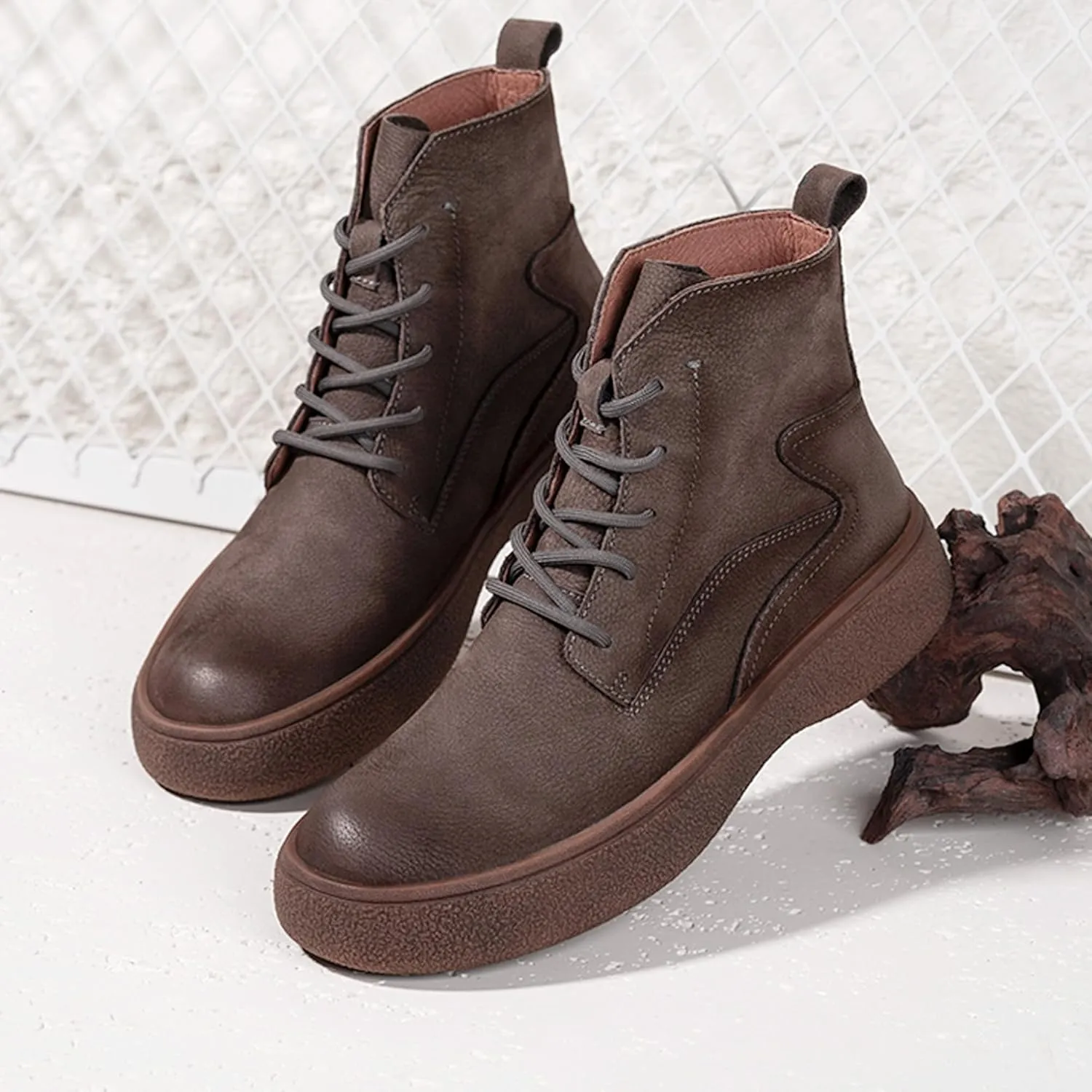 Men Lace Up Cowboy Boots, Genuine Leather Casual Fashion Wide Comfortable Durable Western Chelsea Chukka Boots, Round Toe Non-Slip Oxford Rubber Work Shoes Retro Stylich