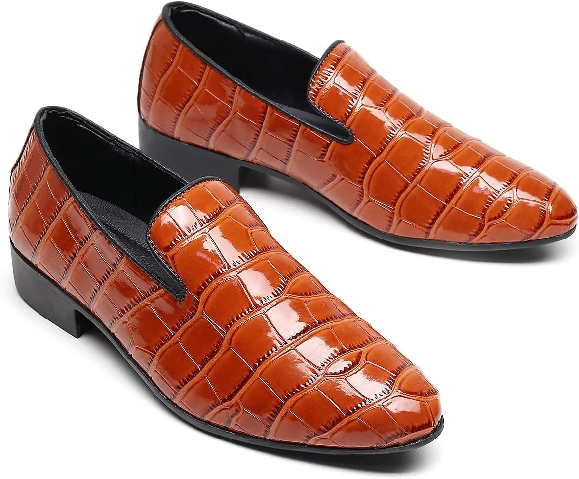 Men Slip-On Loafers Black Croc-Embossed Leather Loafers with Almond Toemen