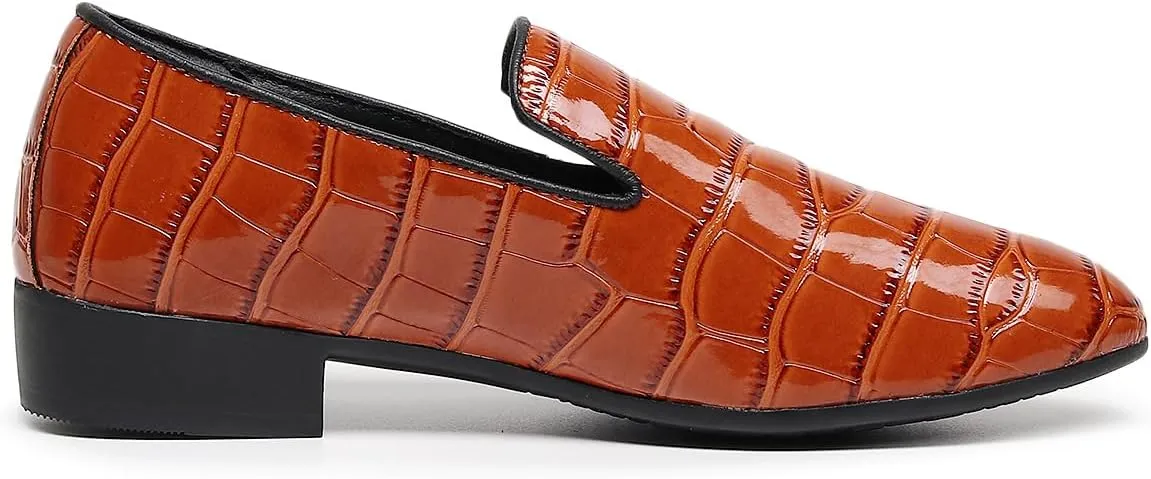 Men Slip-On Loafers Black Croc-Embossed Leather Loafers with Almond Toemen