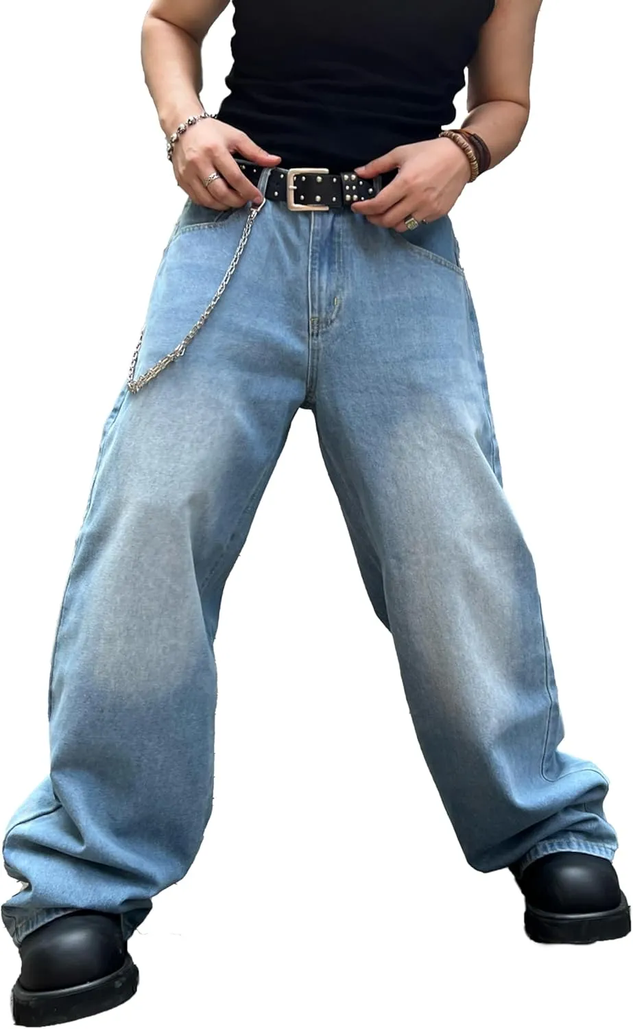 Men's Baggy Hip Hop Jeans Wide Leg Skater Denim Pants Casual Loose Fit Long Trousers Streetwear
