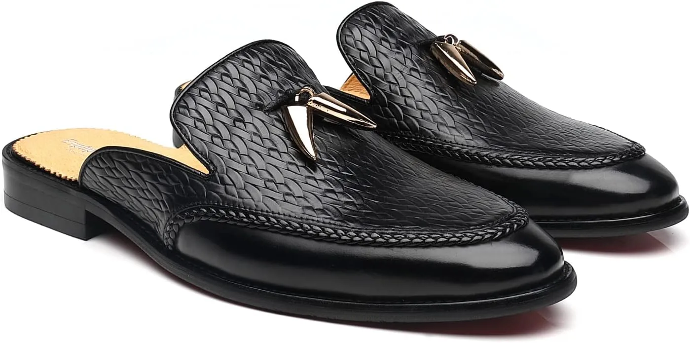 Mens Black Backless Loafers Genuine Leather Mules Shoes
