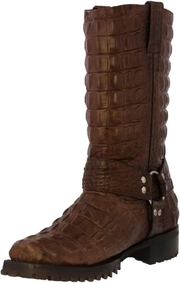 Mens Brown Leather Motorcycle Boots Crocodile Back Print Square Toe