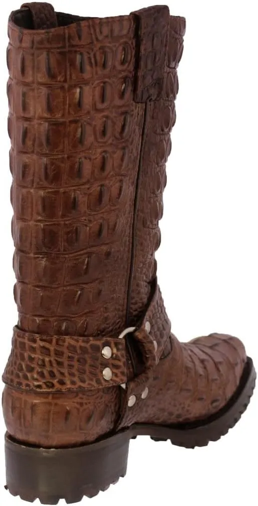 Mens Brown Leather Motorcycle Boots Crocodile Back Print Square Toe