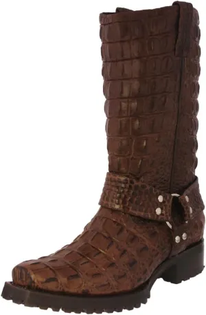 Mens Brown Leather Motorcycle Boots Crocodile Back Print Square Toe