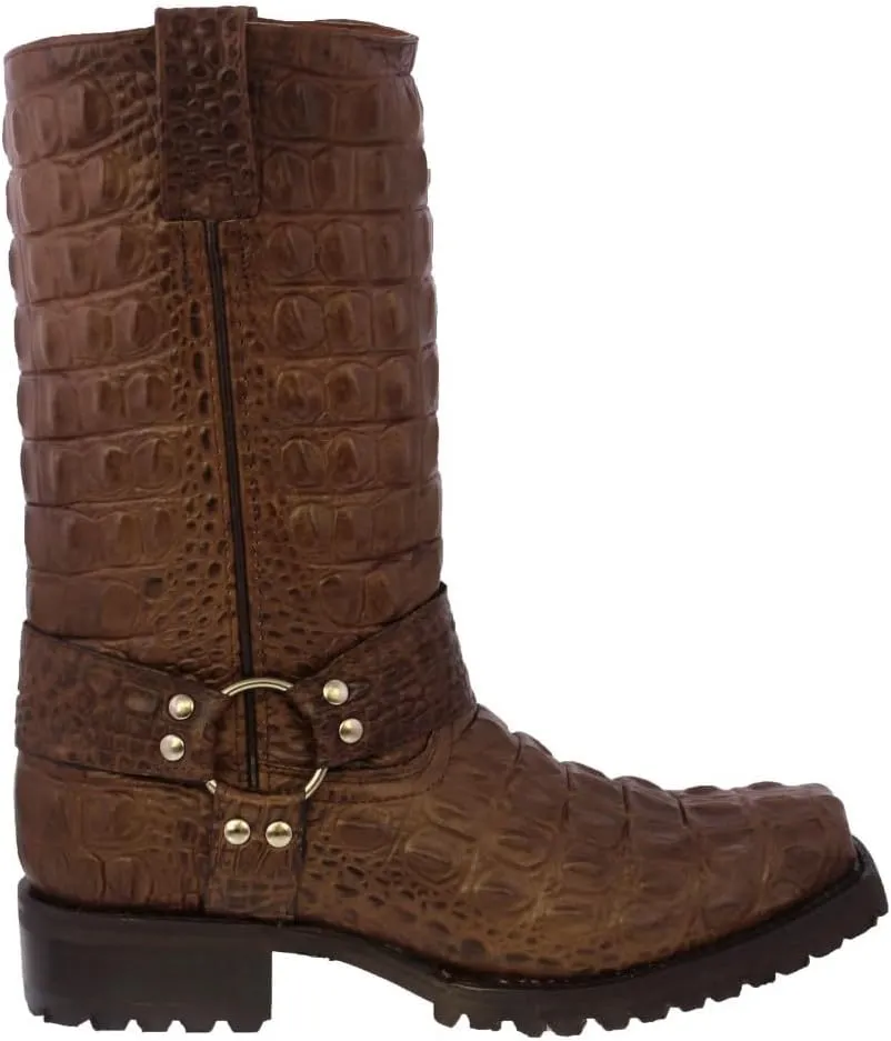 Mens Brown Leather Motorcycle Boots Crocodile Back Print Square Toe