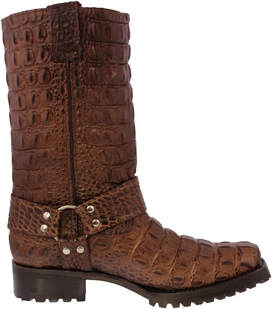 Mens Brown Leather Motorcycle Boots Crocodile Back Print Square Toe