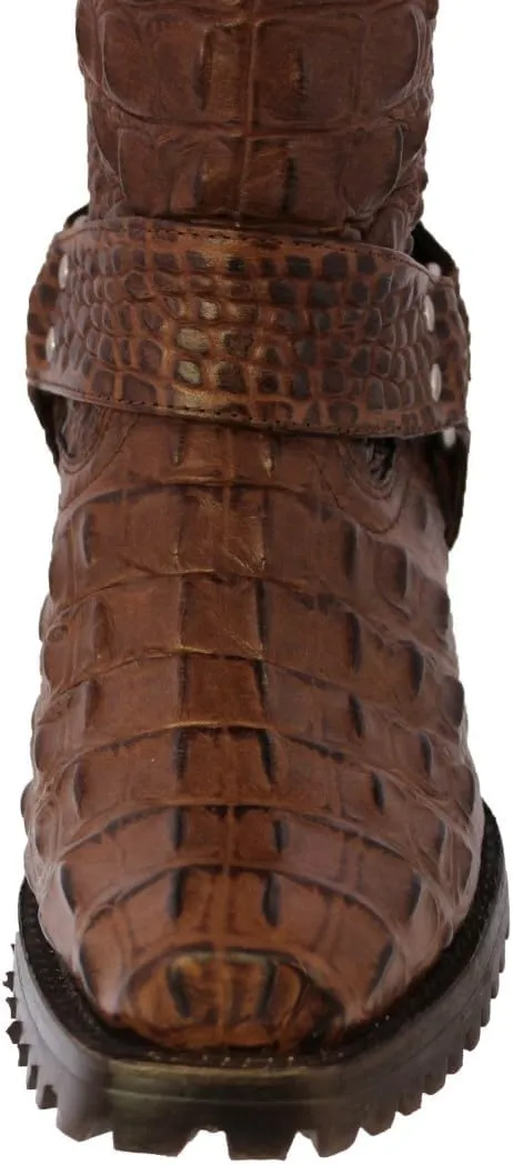 Mens Brown Leather Motorcycle Boots Crocodile Back Print Square Toe