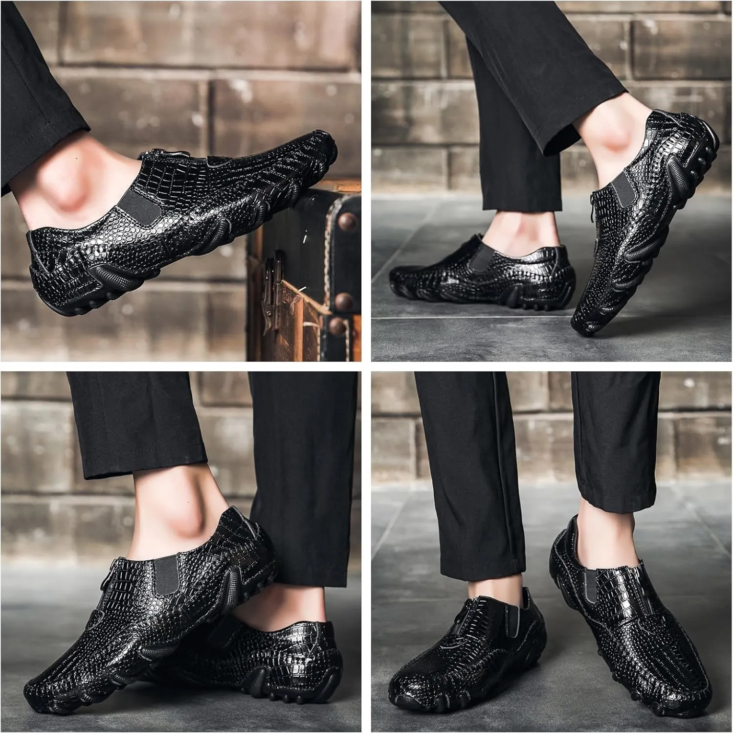 Men's Leather Loafers Slip On Shoes with Elastic & Zipper Design - Alligator Pattern Comfort Walking Driving Moccasins Anti-Slip Sole Business Casual Dress Shoes for Men
