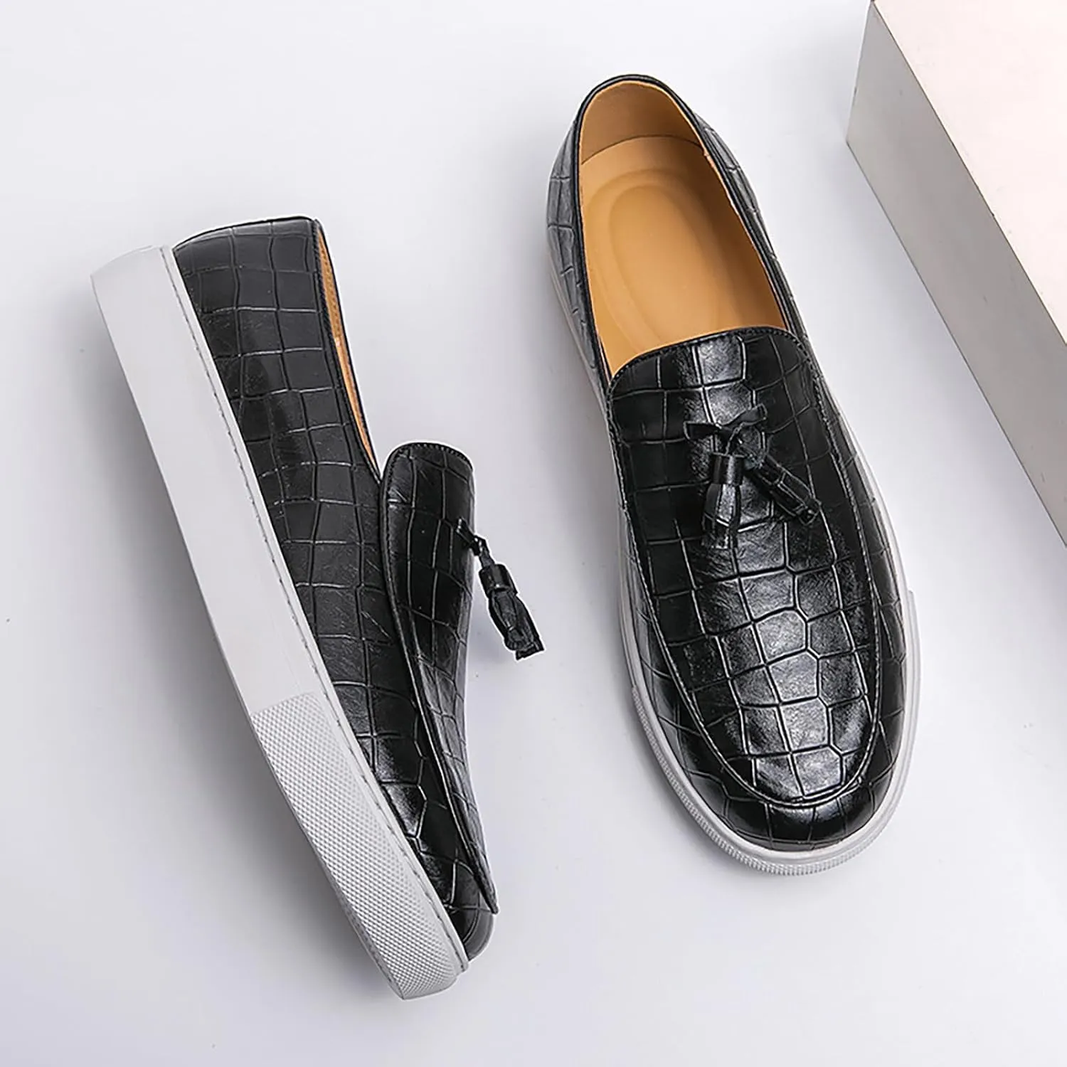 Men's Leather Slip-On Sneakers with Tassel Design | Casual Loafers | Lightweight & Non-Slip | Comfortable Shoes for Business, Office, Dress