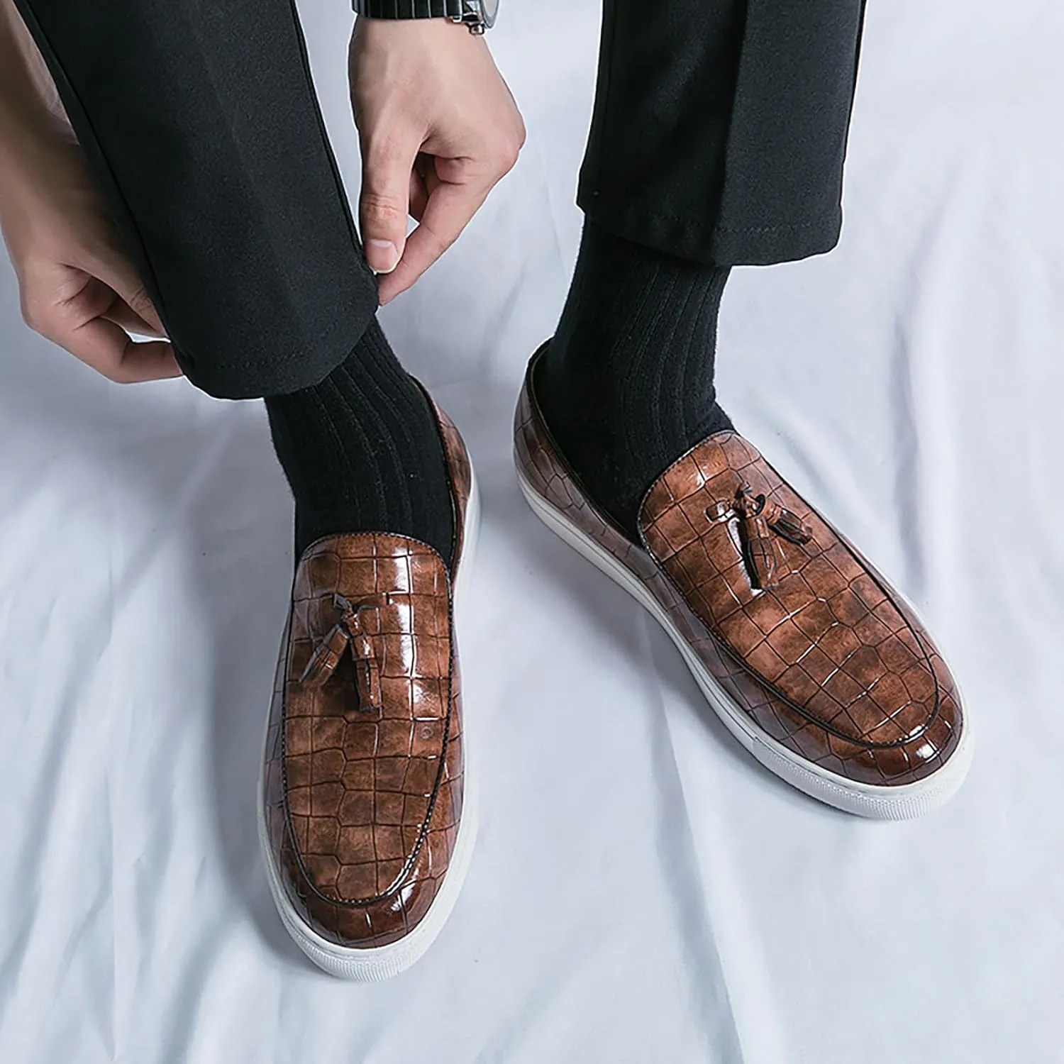 Men's Leather Slip-On Sneakers with Tassel Design | Casual Loafers | Lightweight & Non-Slip | Comfortable Shoes for Business, Office, Dress