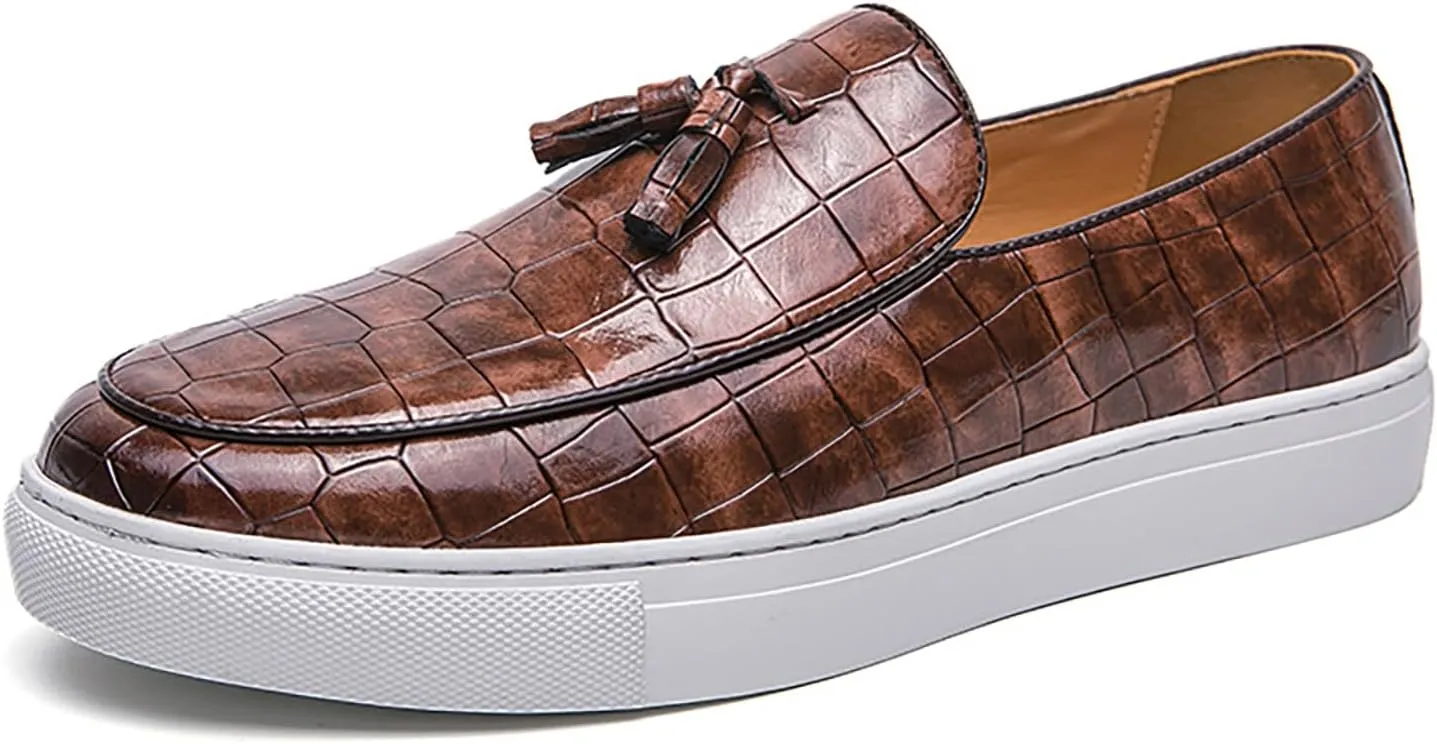 Men's Leather Slip-On Sneakers with Tassel Design | Casual Loafers | Lightweight & Non-Slip | Comfortable Shoes for Business, Office, Dress