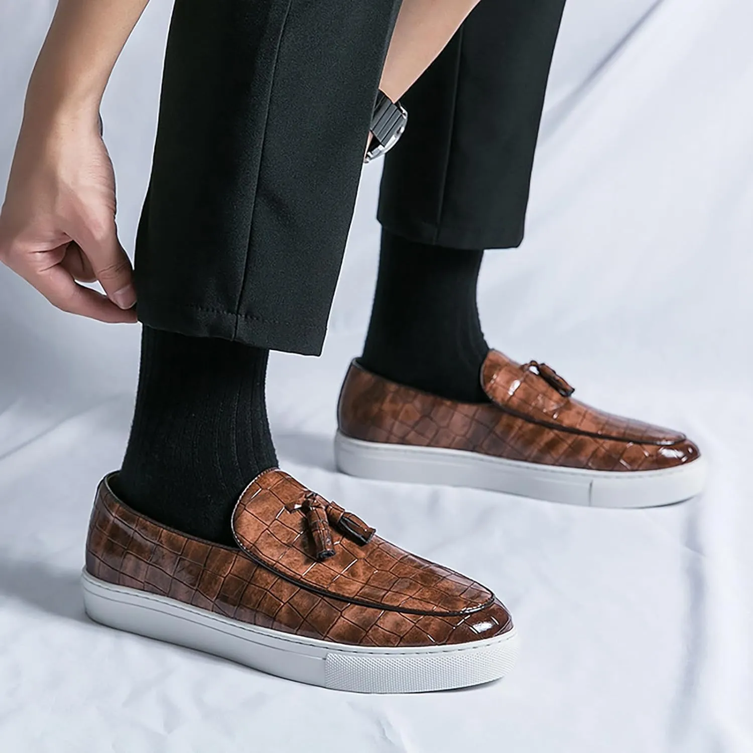 Men's Leather Slip-On Sneakers with Tassel Design | Casual Loafers | Lightweight & Non-Slip | Comfortable Shoes for Business, Office, Dress