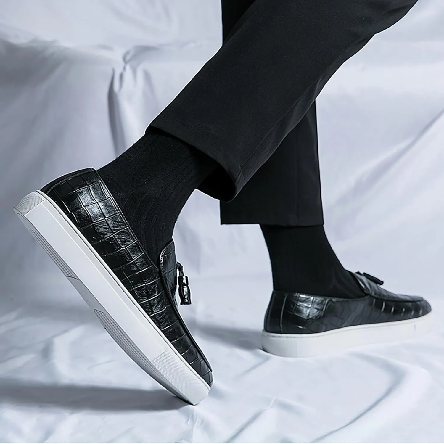 Men's Leather Slip-On Sneakers with Tassel Design | Casual Loafers | Lightweight & Non-Slip | Comfortable Shoes for Business, Office, Dress