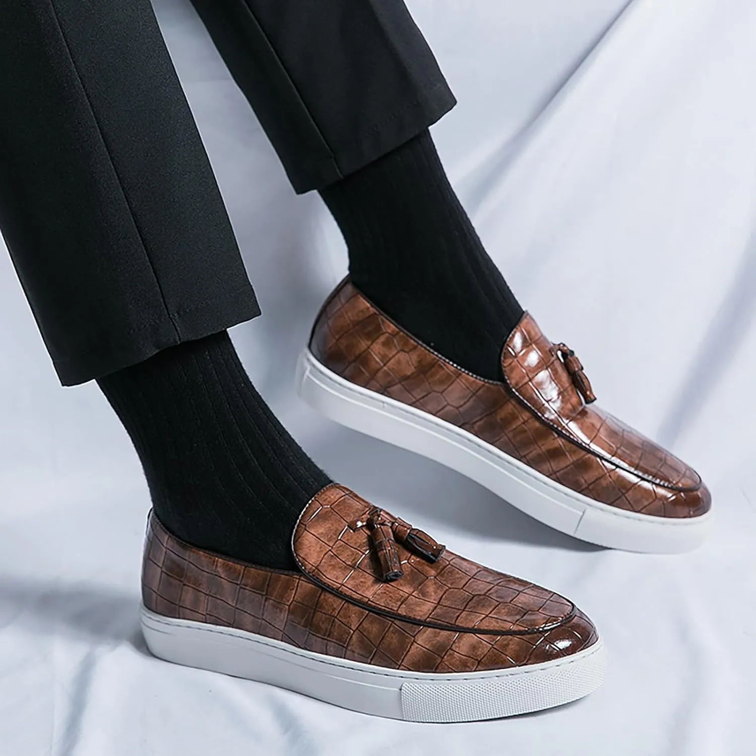 Men's Leather Slip-On Sneakers with Tassel Design | Casual Loafers | Lightweight & Non-Slip | Comfortable Shoes for Business, Office, Dress